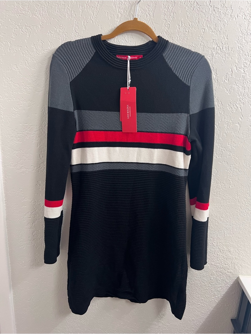 Krimson Klover Black, Gray, Red & White Striped Crewneck Sweater Dress